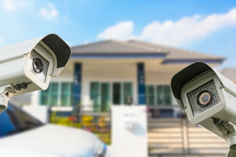 Home security cameras protecting a modern house after the summer holidays.