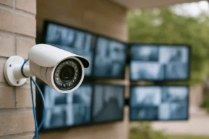 Κάμερα ασφαλείας CCTV σε εξωτερικό χώρο με τεχνολογία τεχνητής νοημοσύνης για ανίχνευση κινήσεων.