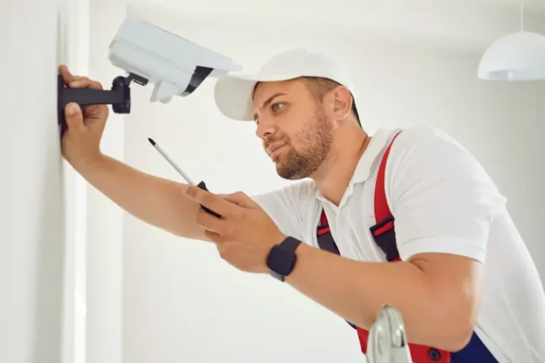 Technician Installing CCTV Camera on Wall