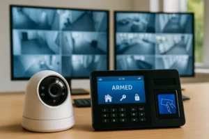 ύστημα ασφαλείας με κάμερα CCTV και πίνακα συναγερμού μπροστά από οθόνες παρακολούθησης σε πραγματικό χρόνο.