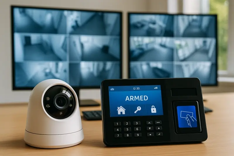ύστημα ασφαλείας με κάμερα CCTV και πίνακα συναγερμού μπροστά από οθόνες παρακολούθησης σε πραγματικό χρόνο.